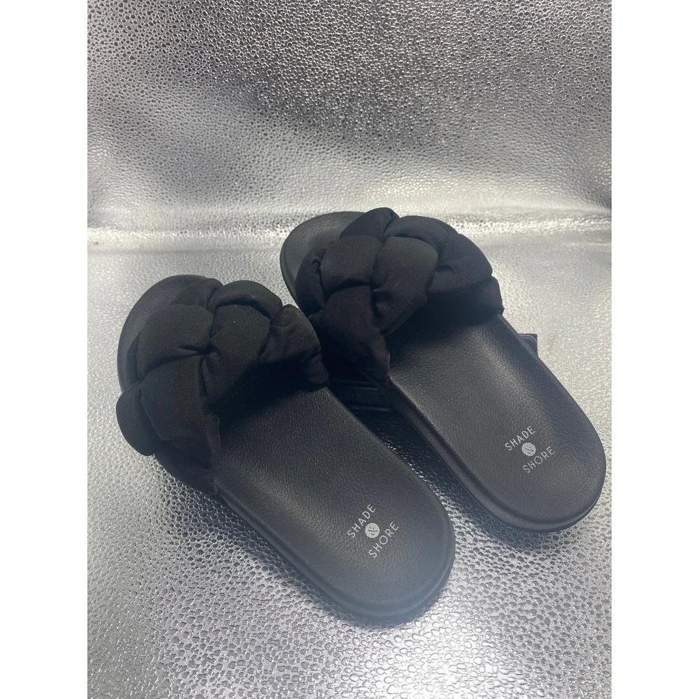 Shade & Shore Women Black Braided Slide Sandals Puffy Strap Slip On Shoes Size 7